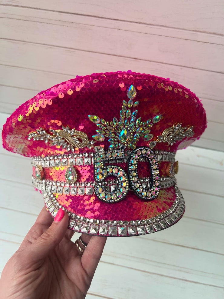 Custom Pink Birthday Rhinestone Captain Hat