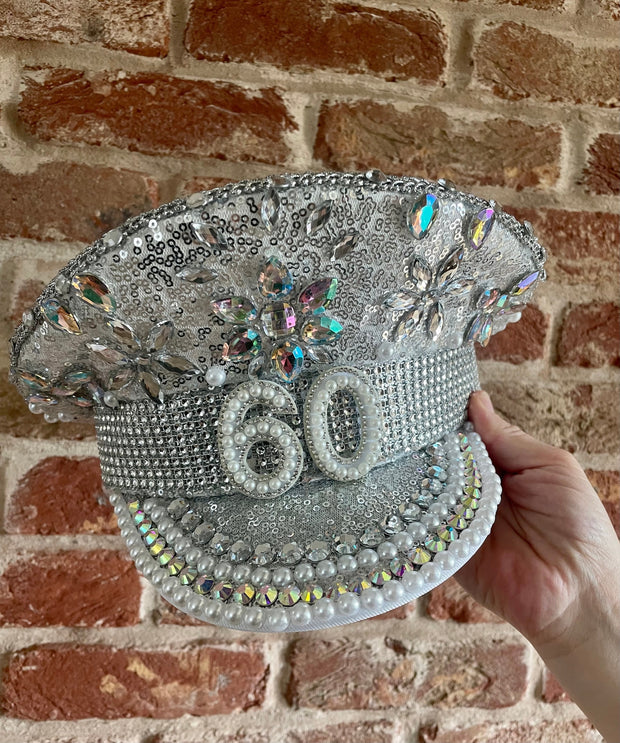 Silver Birthday Rhinestone Captain Hat
