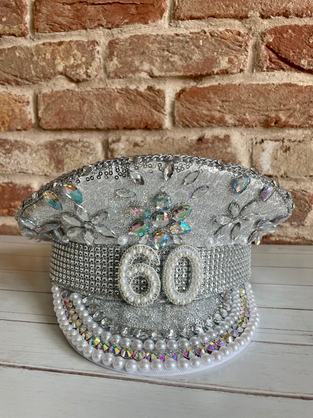Silver Birthday Rhinestone Captain Hat