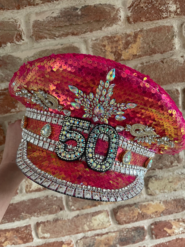 Custom Pink Birthday Rhinestone Captain Hat