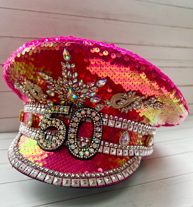 Custom Pink Birthday Rhinestone Captain Hat