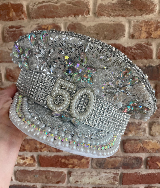 Silver Birthday Rhinestone Captain Hat