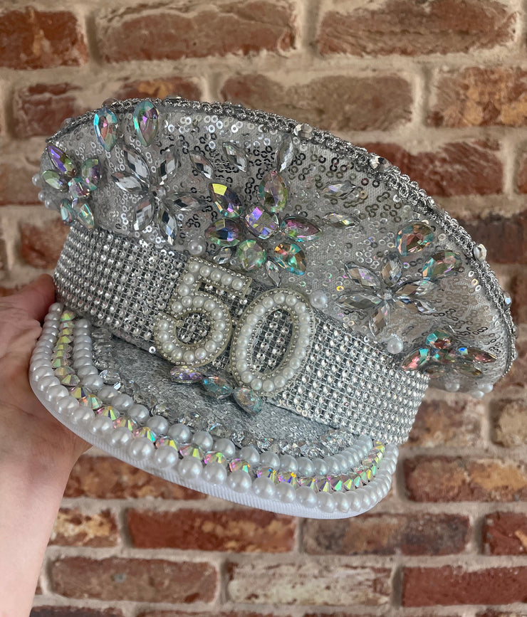 Silver Birthday Rhinestone Captain Hat