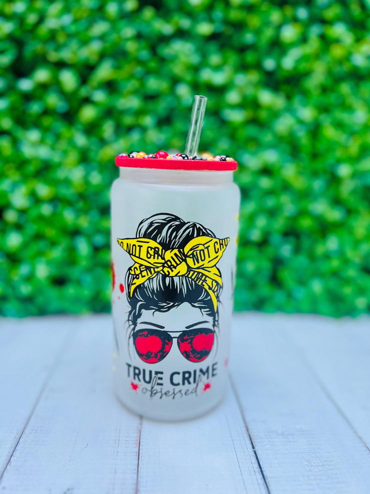 True Crime Glass Cup, Crime theme gift, funny valentine gift, glass cup, cup with straw, murder theme gift