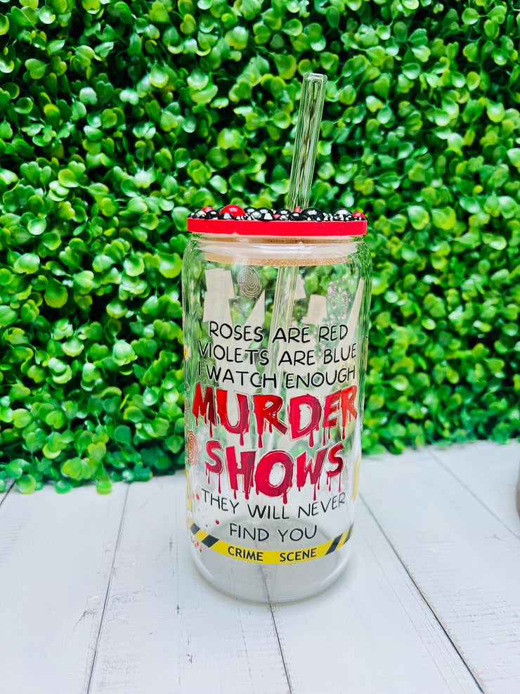 True Crime Jewelled Bamboo Lid Glass Tumbler with Straw