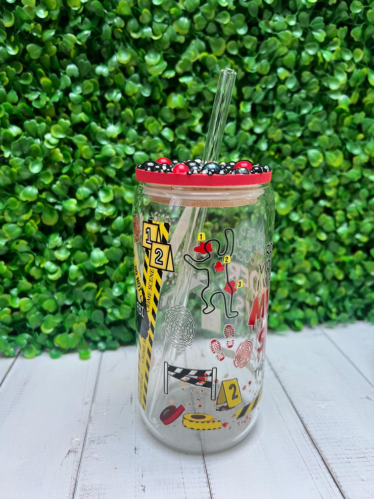 True Crime Jewelled Bamboo Lid Glass Tumbler with Straw