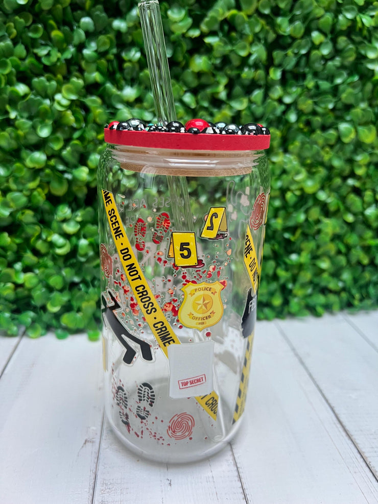 True Crime Jewelled Bamboo Lid Glass Tumbler with Straw