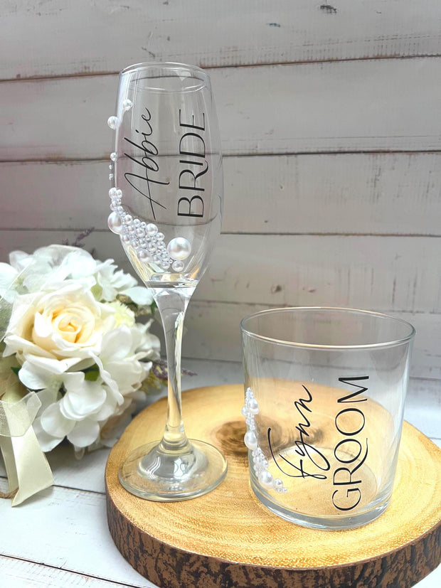 Personalised Pearl Bride Champagne Flute, Bride Groom Glass, bride to be gift, Prosecco flute, Gift for Couple, Personalised Wedding Gift