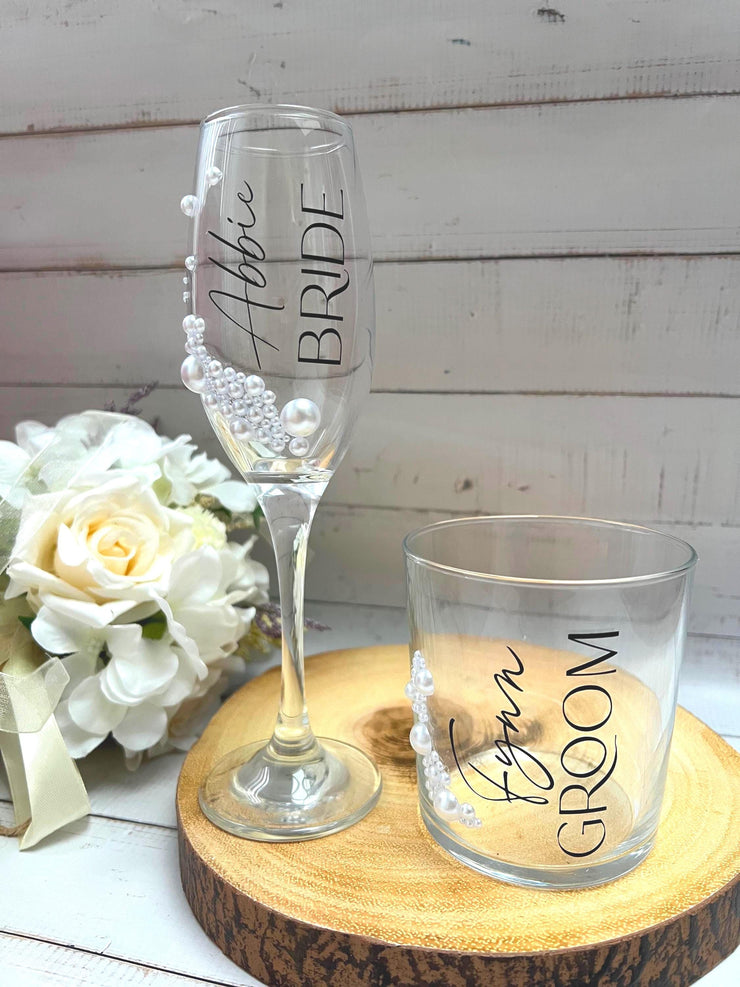 Personalised Pearl Bride Champagne Flute, Bride Groom Glass, bride to be gift, Prosecco flute, Gift for Couple, Personalised Wedding Gift
