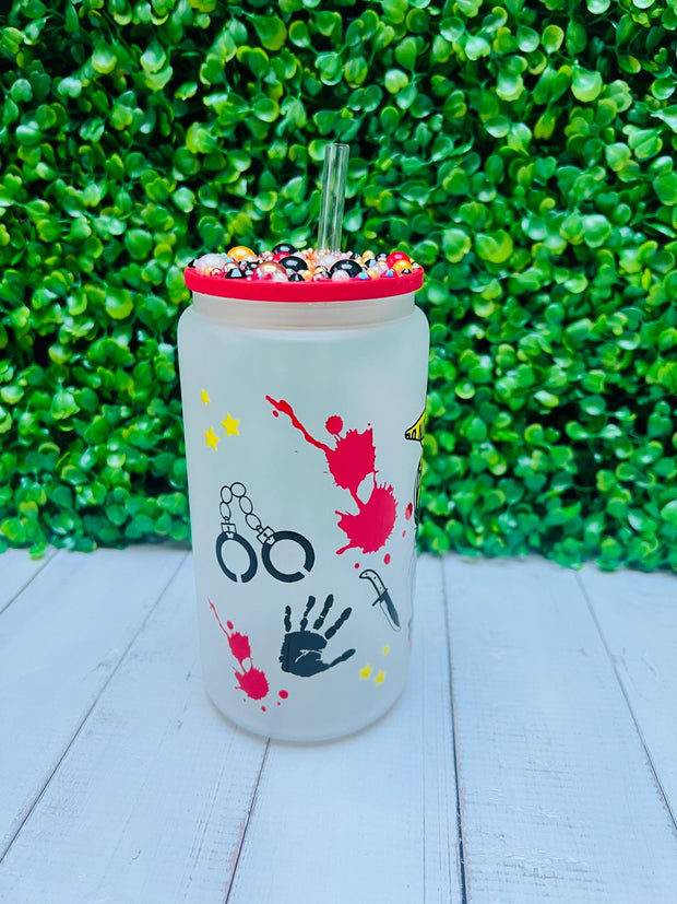 True Crime Glass Cup, Crime theme gift, funny valentine gift, glass cup, cup with straw, murder theme gift