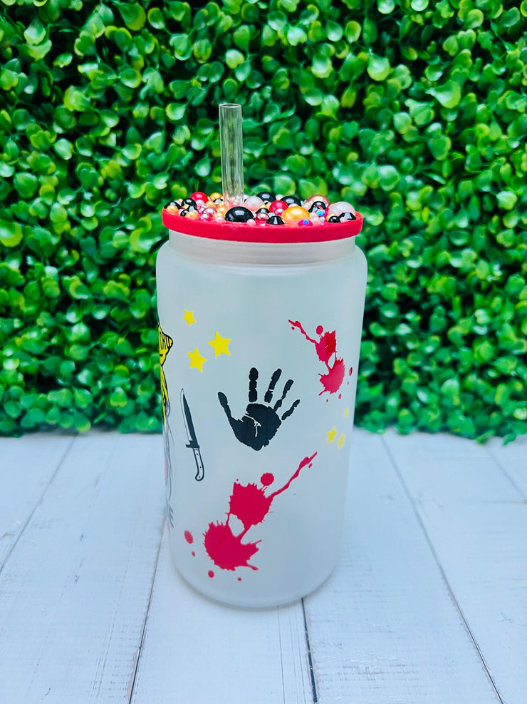 True Crime Glass Cup, Crime theme gift, funny valentine gift, glass cup, cup with straw, murder theme gift