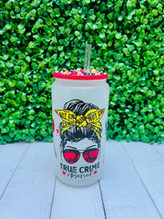 True Crime Glass Cup, Crime theme gift, funny valentine gift, glass cup, cup with straw, murder theme gift