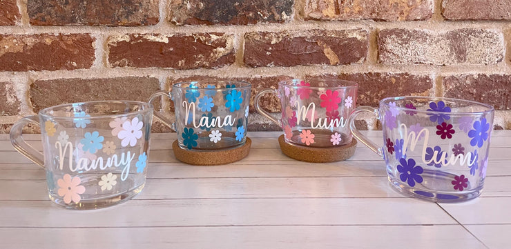 Personalised Mother’s Day mug, Mum Birthday Gift, Nanny Mug, Nana Mug, Grandma Mug, Mum Mug, Custom Mug, glass mug, glass flower mug,