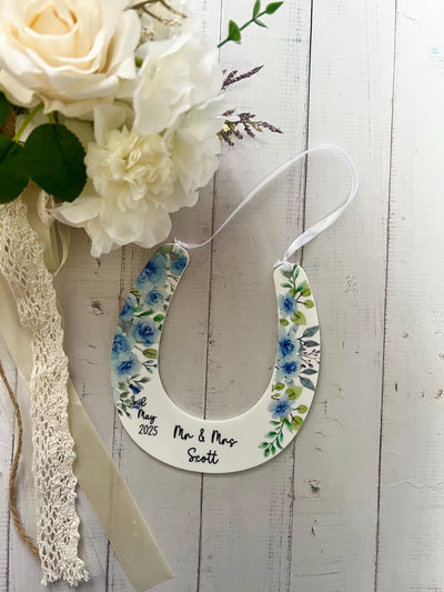 Personalised Lucky Horseshoe Wedding Gift, Just Married Gifts, Wedding Keepsake, Custom Wedding Gift, Good Luck Gift, Dusty Blue Wedding