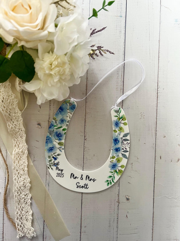 Personalised Lucky Horseshoe Wedding Gift, Just Married Gifts, Wedding Keepsake, Custom Wedding Gift, Good Luck Gift, Dusty Blue Wedding
