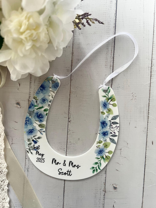 Personalised Lucky Horseshoe Wedding Gift, Just Married Gifts, Wedding Keepsake, Custom Wedding Gift, Good Luck Gift, Dusty Blue Wedding