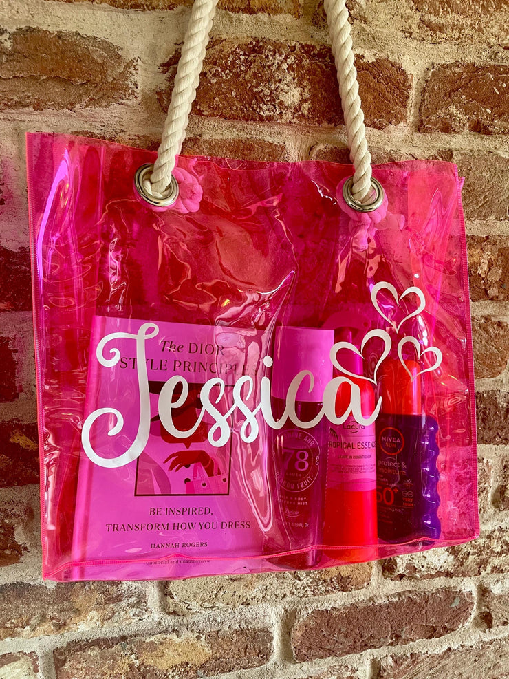 Personalised transparent tote bag, Holiday Bag, Vacation Bag, Beach bag, Custom name tote bag, Bridesmaid bag, pool bag, swim bag