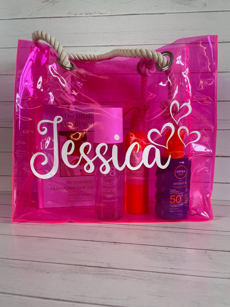 Personalised transparent tote bag, Holiday Bag, Vacation Bag, Beach bag, Custom name tote bag, Bridesmaid bag, pool bag, swim bag