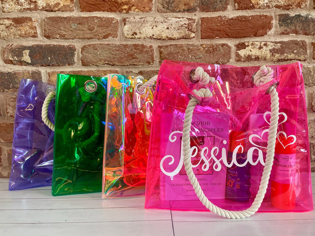 Personalised transparent tote bag, Holiday Bag, Vacation Bag, Beach bag, Custom name tote bag, Bridesmaid bag, pool bag, swim bag