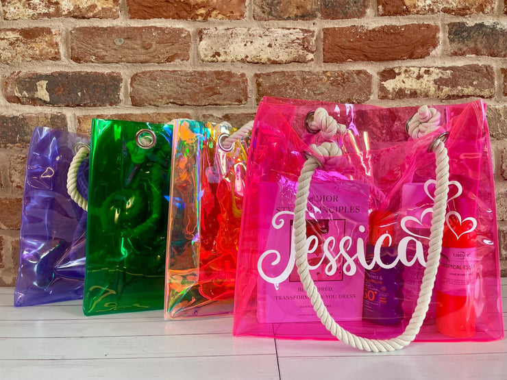 Personalised transparent tote bag, Holiday Bag, Vacation Bag, Beach bag, Custom name tote bag, Bridesmaid bag, pool bag, swim bag