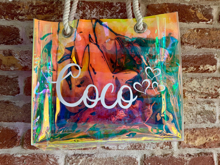 Personalised transparent tote bag, Holiday Bag, Vacation Bag, Beach bag, Custom name tote bag, Bridesmaid bag, pool bag, swim bag