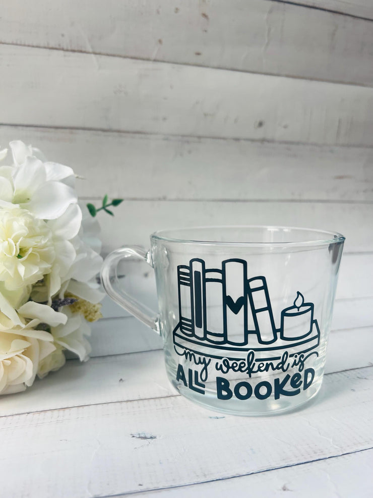 Book Lover Glass Mug, Book Lover Gift, Gift for her, Birthday Gift, Gift for Mum, All Booked Up, Coffee Cup