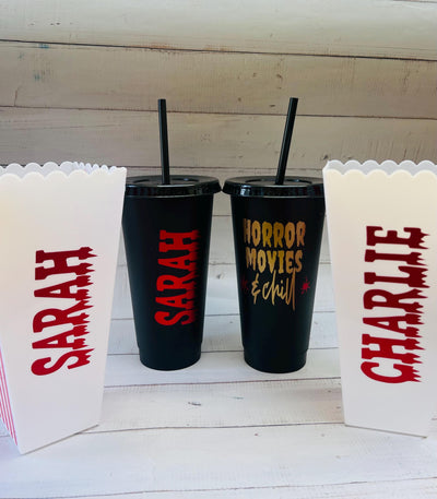 Horror Movie Personalised Tumbler, Horror Movie Popcorn Box, Horror Movie Gift, Halloween Tumbler, Horror Movie Cold Cup, Movie Snack Tub