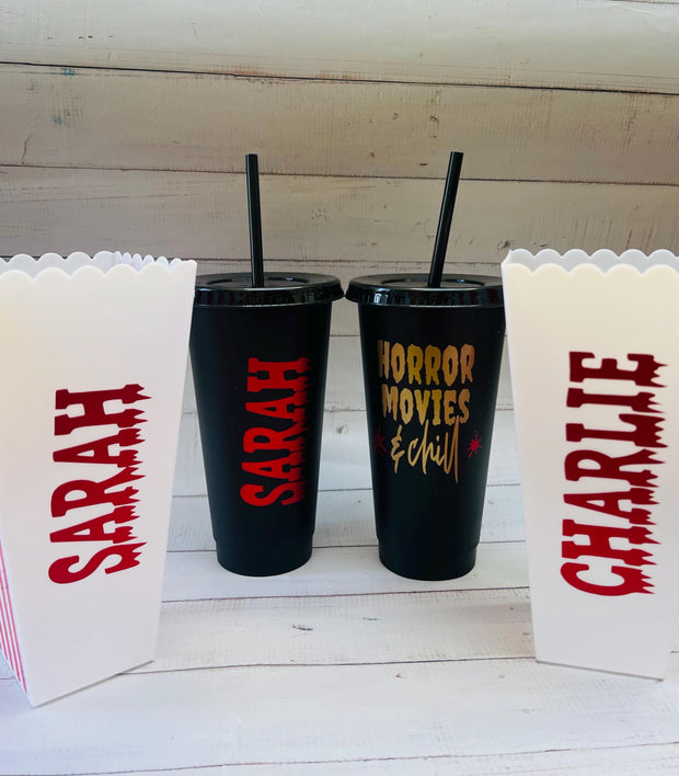 Horror Movie Personalised Tumbler, Horror Movie Popcorn Box, Horror Movie Gift, Halloween Tumbler, Horror Movie Cold Cup, Movie Snack Tub