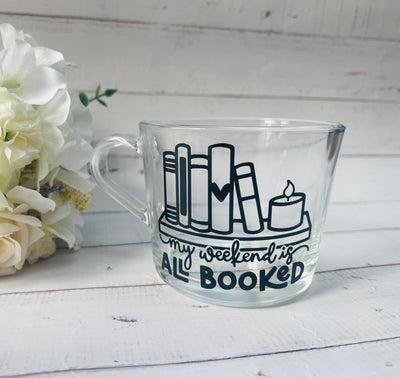 Book Lover Glass Mug, Book Lover Gift, Gift for her, Birthday Gift, Gift for Mum, All Booked Up, Coffee Cup