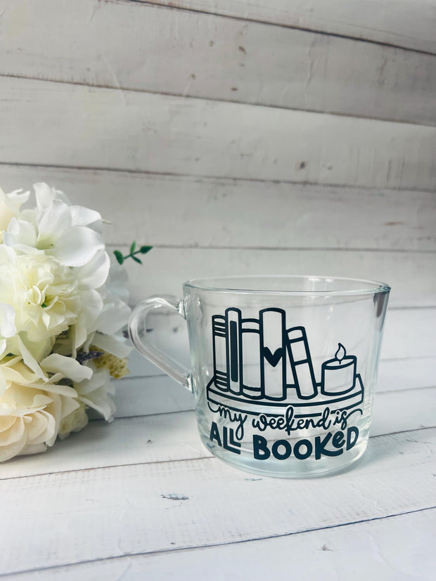 Book Lover Glass Mug, Book Lover Gift, Gift for her, Birthday Gift, Gift for Mum, All Booked Up, Coffee Cup