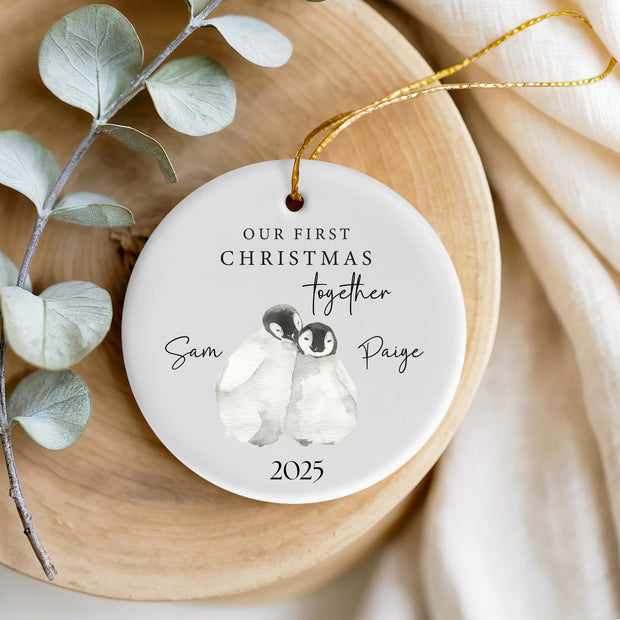 Personalised Our First Christmas Together Penguin Ceramic Bauble