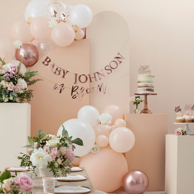Peach, White & Rose Gold Balloon Arch with Flowers
