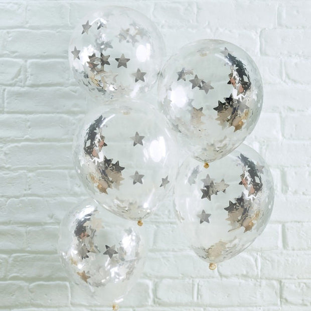 5 Silver Star Confetti Balloons