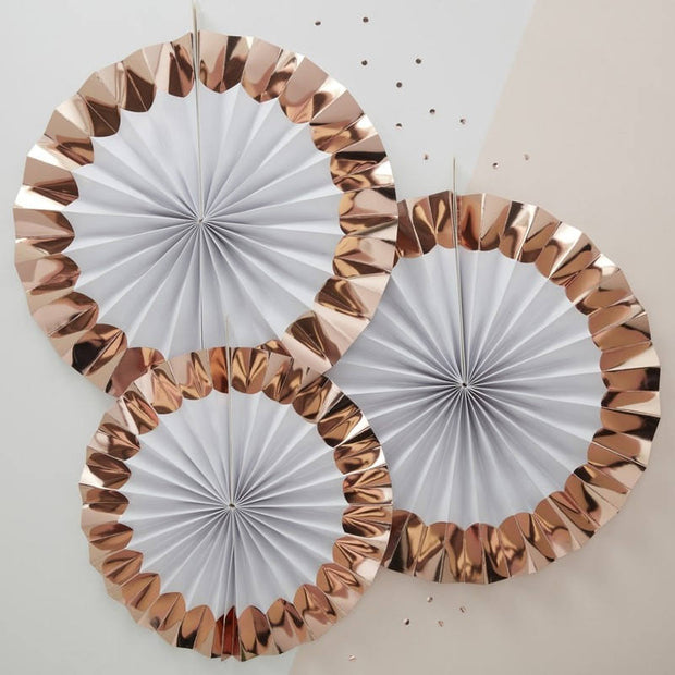 3 Rose Gold and White Paper Fans