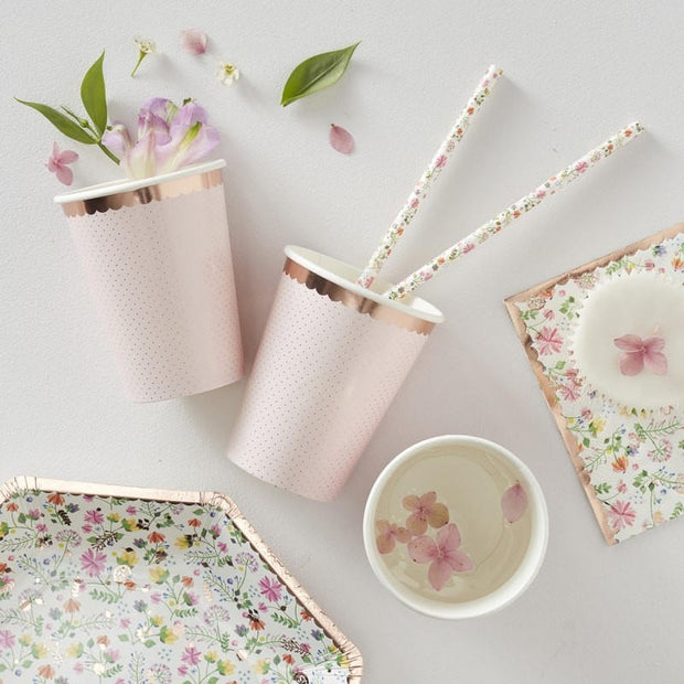 8 Rose Gold Foiled Floral Paper Cups