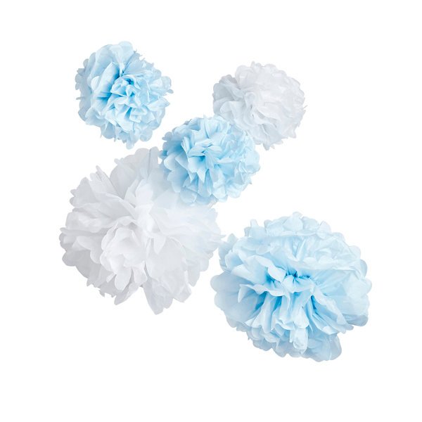 5 Blue and White Paper Pom Poms