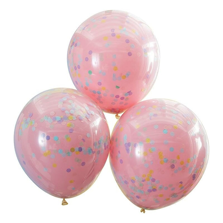 3 Pink Rainbow Confetti Balloons