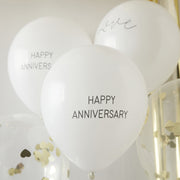 5 White Gold Happy Anniversary Balloons