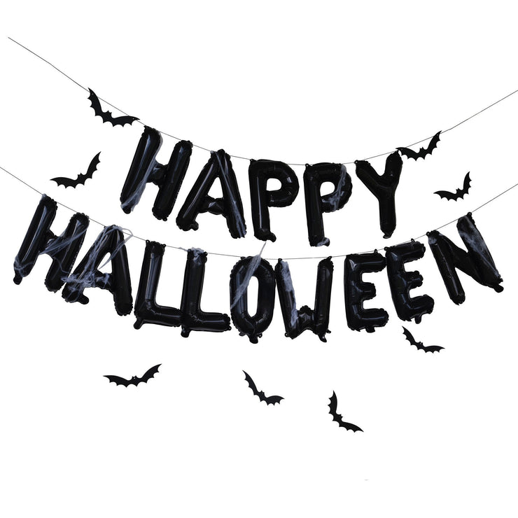 Happy Halloween Balloon Bunting with Hanging Bats and Cobwebs