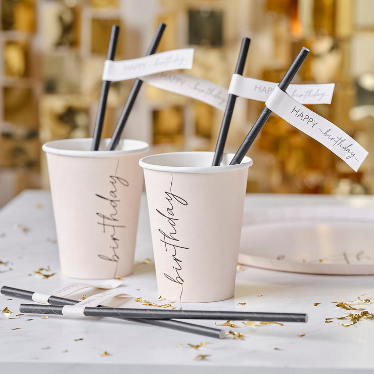 16 Nude and Black Happy Birthday Paper Straws